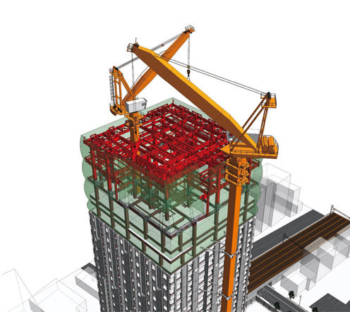 DPCの協力を得て、クレーン配置や鉄骨建方ステップを3D化し、細部を把握しながら施工（図はヘリポートを支えるため、33階ルーフトップバーおよびレストラン直上に配された鉄骨の様子）