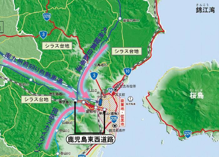 市街地へ直接アクセスできる「鹿児島東西道路」が完成すれば交通混雑の緩和はもちろん、広域ネットワークの形成にも寄与する（図提供：鹿児島国道事務所）