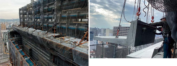 庇部分は、鉄骨梁の先端部分をプレキャストコンクリート（PCa）部材で覆うはね出し鉄骨先端PC工法で、現場作業の効率化を図る