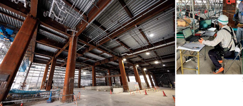 CFT柱は、鋼管とコンクリートの相互拘束効果で高い耐震性や耐火性を実現する。コンクリート充填は詳細なスケジュール管理により行う